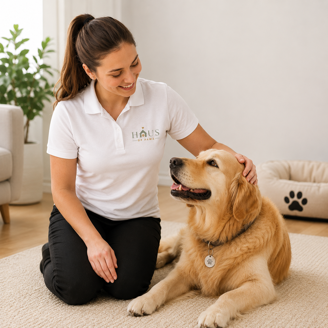 Haus Of Pawz team member with a happy golden retriever